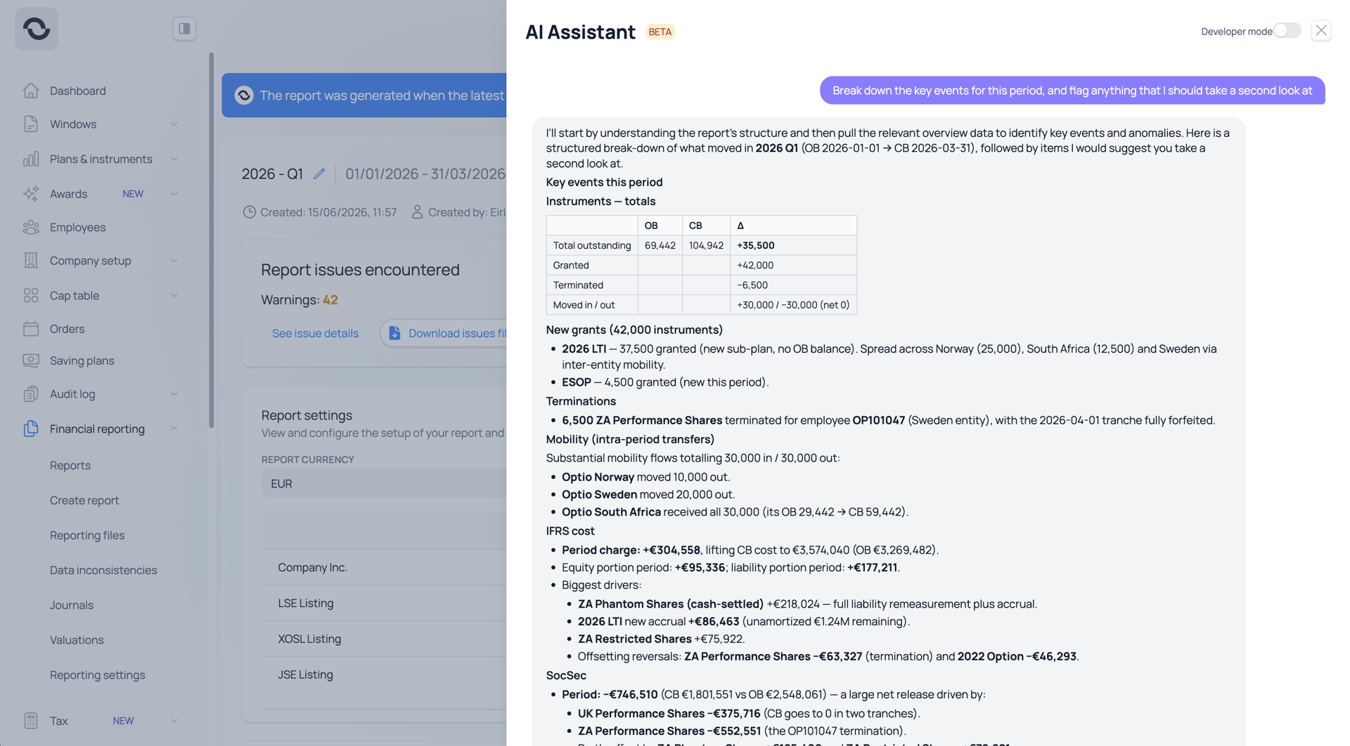 Optio FR AI Assistant chat interface showing a plain-language question and answer grounded in financial report logic.
